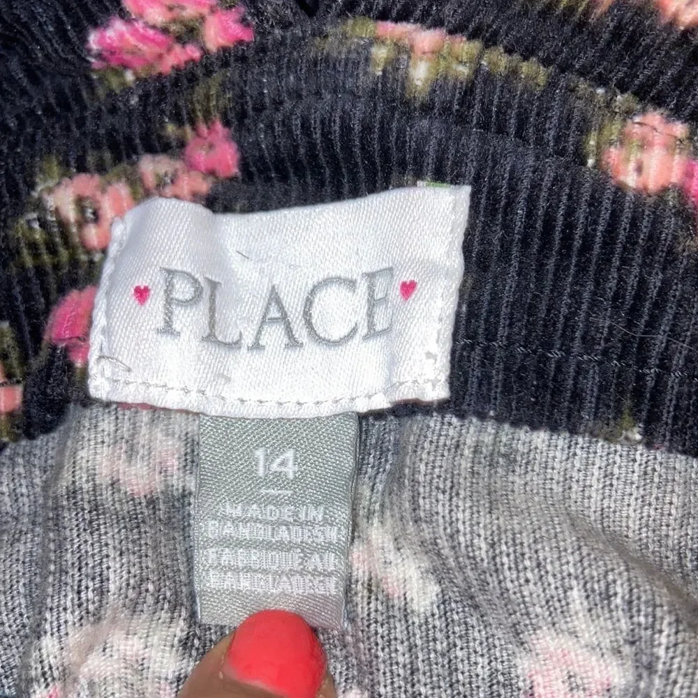 THE CHILDRENS PLACE Overall Dungarees Dress Black with Pink Flower Girls Size 14